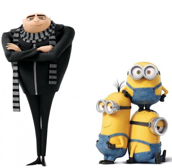 Gru, and three of the Minions, Bob, Kevin and Stuart