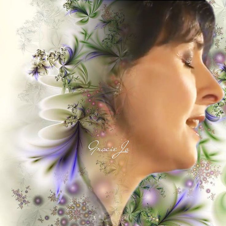 This may contain: a digital painting of a woman's face with flowers and leaves around her neck